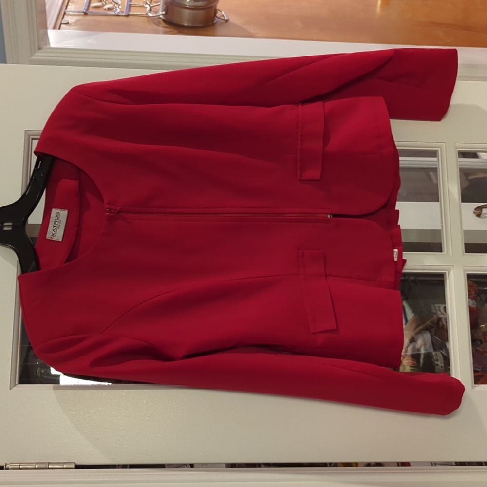 Red blazer with zip front, peplum back